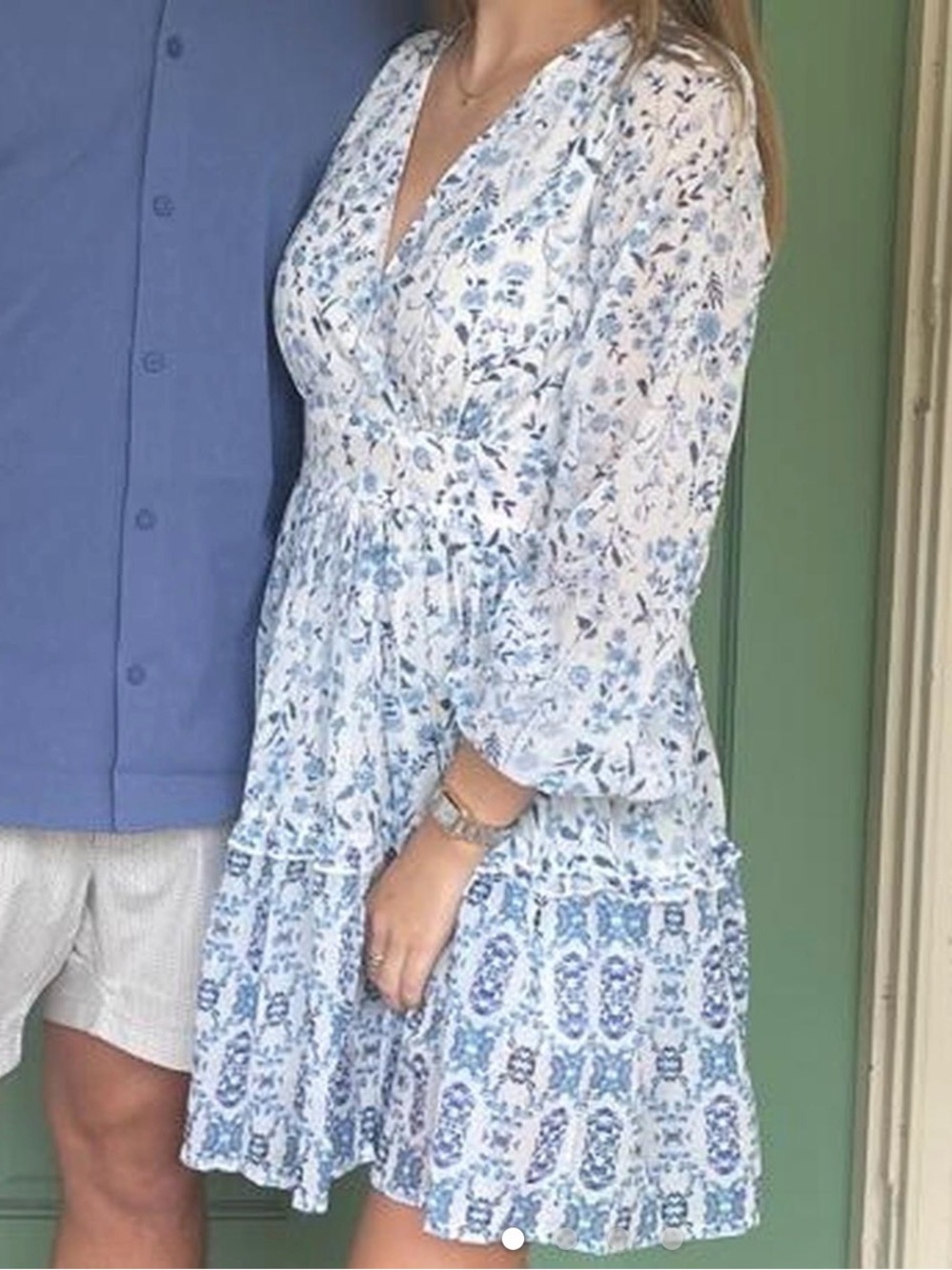 Japna White Dress with Blue Floral Print and V-Neck